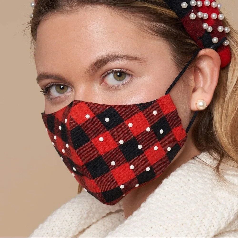 LELE SADOUGHI BUFFALO CHECK WITH PEARLS FACE MASK RED BLACK NWT